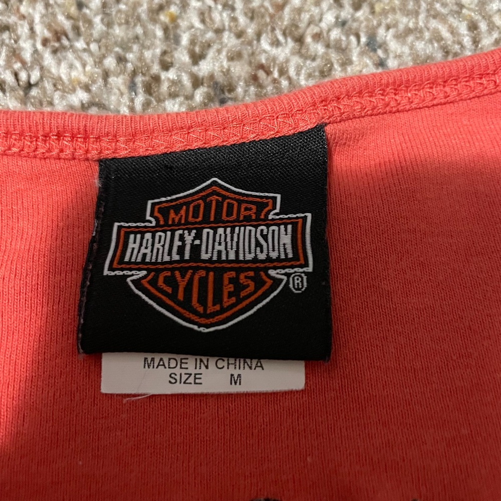 Harley Davidson Womens Coral Orange Rhinestone Split Neck Long Sleeve Top Size M - Picture 6 of 6